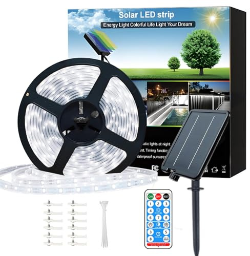 Meewata Solar Led Strip Lights Outdoor Waterproof with Self-Adhesive, 8 Mode with Remote Timer, Perfect for Deck, Patio, Pathways, Camping Decor, 15M Cool White