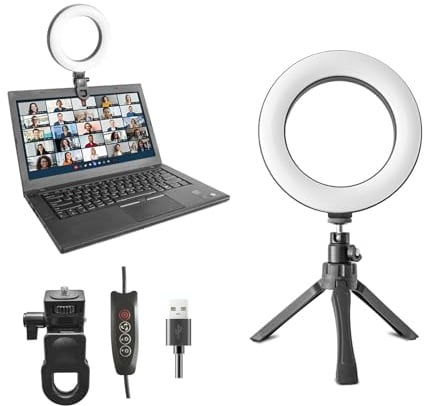 SHSY LVSEZM 6 tum ringljus videokonferenssats, 5-färger 10-ljus-på-lampa med stabil ringljusklämma och 12,7 cm stativ, skrivbord/zoom/TikTok, sminklampa, selfie-ljus