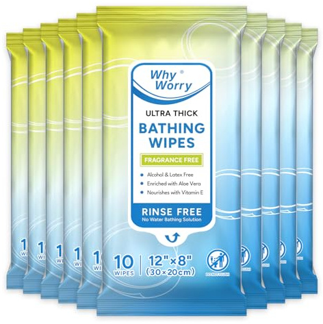 WhyWorry Body Wipes for Adults No Shower, Unscented, 20x30 cm, 100 Count | Ultra Thick Shower Wipes, Bed Bath Wipes, Extra Large, Aloe & Vitamin E, Cleansing, Camping & Travel, Women, Men & Elderly