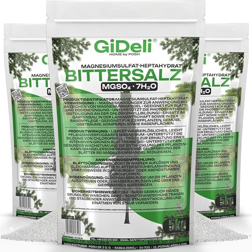 GiDeli Bittersalz Dünger 3 x 5kg - Magnesiumsulfat als Pflanzendünger - Granulierter Gartendünger für Koniferen, Hecken, Rasen, Blumen, Obst und Gemüse - Sofort Wirksam