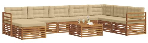 vidaXL Outdoor-Sofagarnitur 9 pcs Natur und Beige Massivholz Akazie, Akazienholz Outdoor-Sofa-Set, modernes Gartenmöbel, Bequeme Liege, modulare Design, Poolbereich geeignet