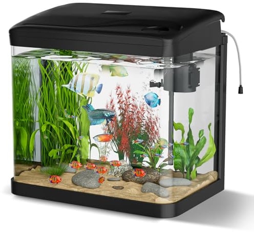 Aquarium Komplettset, GuKKK 15L Nano Aquarium Stabiles Einsteigerbecken mit LED-Beleuchtung und Eingebautem Filtersystem, für Fisch, Aquariu Becken stoßfest,Schwarz