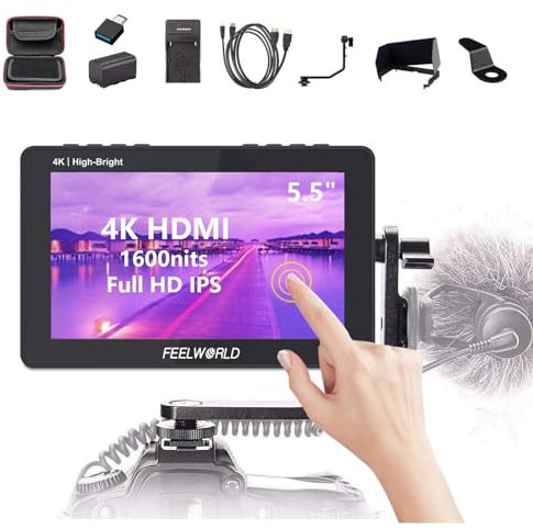 FEELWORLD F6 Pro +NP-F970 Battery, Charger, Storage Case kit, 5.5 Inch 4K HDMI Touch Screen On-Camera Monitor 1600nits High Bright FHD 1920x1080 Filed Monitor with F970 External Install and Power kit