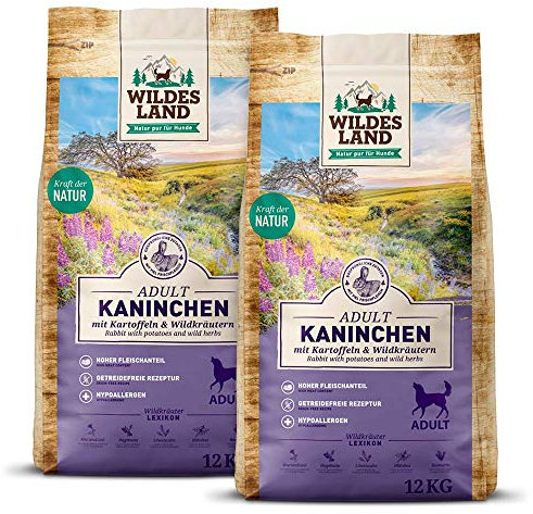 Wildes Land - Nr. 4 Kaninchen - 24 kg - mit Kartoffeln und Wildkräutern - Glutenfrei - Trockenfutter für Hunde - Hundefutter mit hohem Fleischanteil - Hohe Verträglichkeit