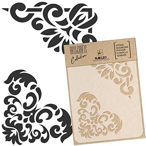 NAKLEO Malschablone für Handwerk A5 15x21cm, Ecken Bordüre Ornament Muster, Wiederverwendbare Kunststoff DIY & Scrapbooking Zeichenschablone, Decoupage Kunst Vorlage, Wand Stoff Möbel Holz