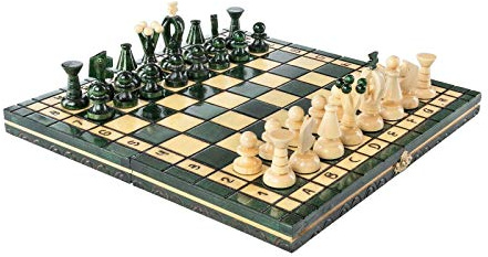Chess and games shop Muba Jeu d'échecs en bois – Planche internationale en bois de pomme de Paris – Pièces sculptées vintage – 35,6 x 35,6 cm – Vert – Bois de charme – Pliant – King 6,6 cm – Pion de
