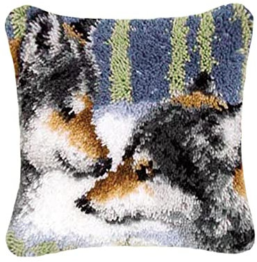 Bonarty Knüpfkissen Set Knüpfset Knüpfbild für Anfänger, Erwachsene, Kissen zum Selberknüpfen (Latch Hook Kit) - Wolf
