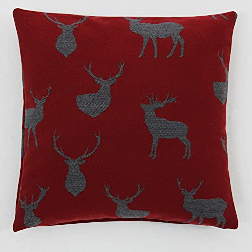 Hans-Textil-Shop Kissenbezug Hirsch Motiv, Jacquard-Mischgewebe, Reißverschluss, Vielseitig Einsetzbar, Ideal für Deko & Komfort, Bayerisches Familienunternehmen, Qualität aus Europa (40x40 cm, Rot)