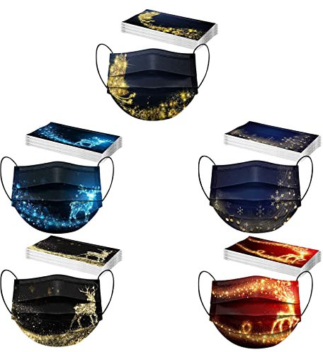 Lulupi 50 Stück Erwachsene Weihnachten Mundschutz Einweg Schwarz Mund und Nasenschutz Halstuch Maske Weihnachtsmotiv Druck Weihnachtsmaske Tücher Atmungsaktiv Mund-Tuch Bandana Halstuch Schals