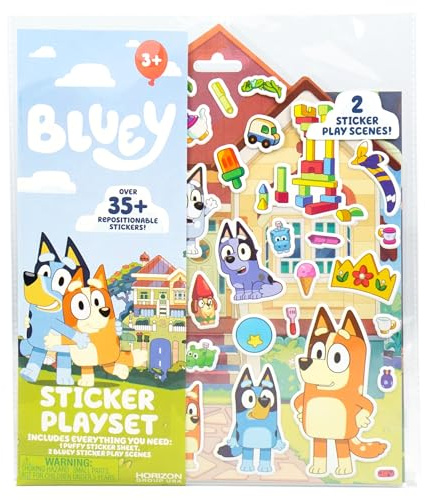 Horizon Group USA Bluey Sticker Playset, 2 Sticker Play Scenes, 35+ Reusable Puffy Bluey Repositionable Stickers for Kids, Perfect for Travel, Screen-Free Fun