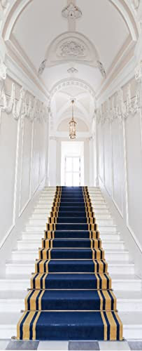 A.Monamour Pegatinas Decorativas de Puerta Autoadhesivo 3D Pasillo Interior De Escalera Salón Del Palacio Alfombra Dorada Azul Vinilo para Puertas Mural PVC Pegatinas de Pared Foto Poster 95 x 215 cm