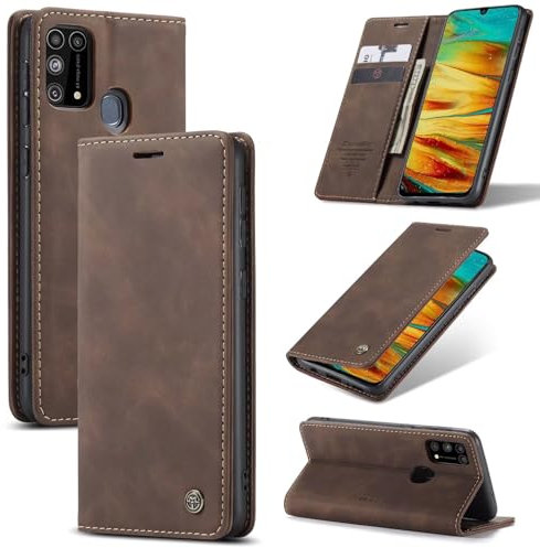 SLWYF Handyhülle für Samsung Galaxy M31 Hülle, PU Leder Flip Tasche Klappbar Magnet Wallet Lederhülle, Silikon Bumper Klapphülle Case mit Kartenfäch für Samsung Galaxy M31, Kaffee