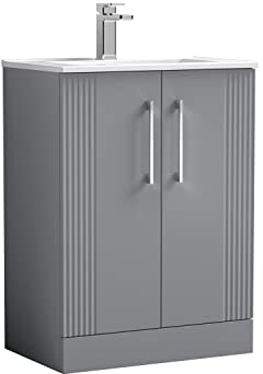 nuie DPF225B Deco Modern Bathroom Floor Standing 2 Door Part Fluted Vanity Basin Unit with Minimalist Ceramic Basin, 600mm, Satin Grey