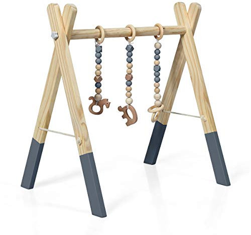 LIFEZEAL Spieltrapez, Spielbogen Baby Holz, Babyspielgerät mit 3 Spielzeugen, Holzspielzeug baby, Baby Turnhalle klappbar, Spieltrapez für Babys ab 3 Monate, Babyzimmer Kinderzimmer (Grau)