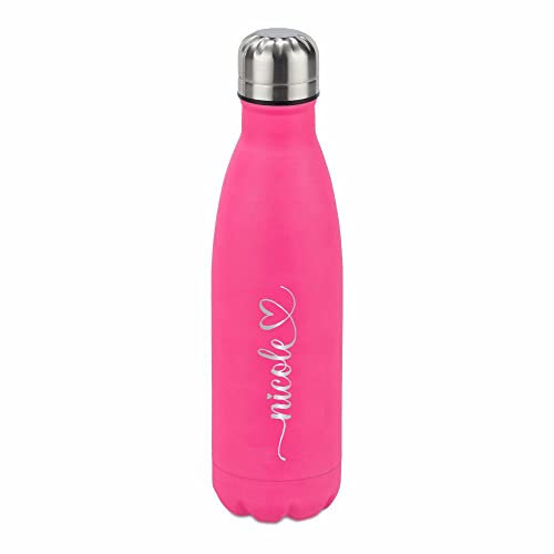 4you DESIGN Trinkflasche mit Isolierfunktion und Personalisierung, Motiv Happy, Leichte Edelstahlflasche für Sport, Schule, oder Arbeit, Flasche für Kinder & Erwachsene, Farbe Pink 500ml