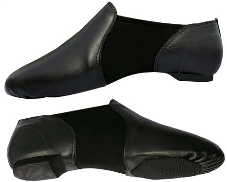 Slip On Jazz Dance Shoes - Pure Black Leather - Modern Stage Rubber Heel - Neoprene Irish Dancing Pumps Eye Style Slipper - Women & Girls - Kids - Child