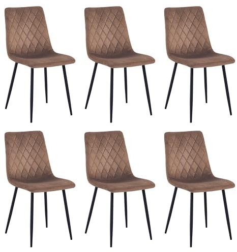Esszimmerstühle 6er Set Braun – Samt Gepolstert mit Rautensteppung – Metallbeine Schwarz – Inkl. Handwischmopp Geschenk – Modern & Bequem für Küche & Wohnzimmer