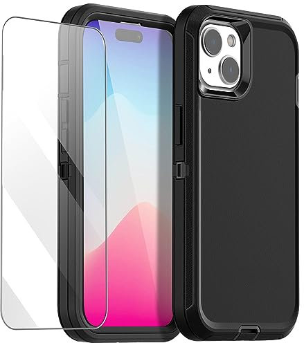 AICase Funda Compatible con iPhone 15 Plus con Protector de Pantalla de Vidrio,Resistente a los Golpes,a Prueba de caídas y al Polvo,3 Capas de protección de Cuerpo Completo,Negro