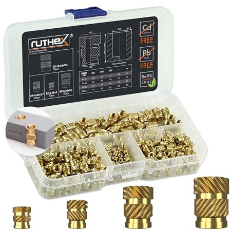 ruthex Gewindeeinsätze #2-56 + #4-40 + #8-32 + #10-24 UNC Sortimentskasten - 70 + 100 + 50 + 50 Stk. BLEIFREIE Gewindebuchsen aus Messing - Einschmelzen von Gewindehülse in Kunststoff 3D-Druckteile