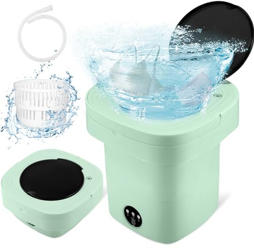 Vusddy Mini Lavadora Plegable, Lavadora Móvil Portátil, Pequeña Lavadora con Secadora y Blu-ray para Camping, Viajes, Autocaravana, Dormitorios, 3 Modos de Limpieza, Capacidad de 9L(Verde)