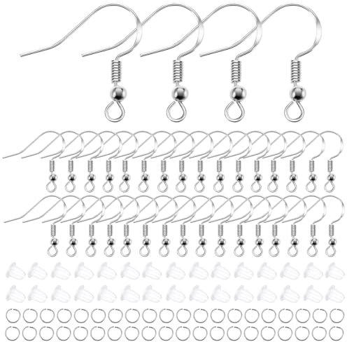 WLLHYF Silber Ohrring Haken, 100 Stück/50 Paar Ohrhaken Fischhaken 300 Stück Legierungs-Ohrring-Schmuckherstellungs-DIY-Kit mit 100 Biegeringen und 100 Stück Durchsichtigen Silikon-Rückenstoppern