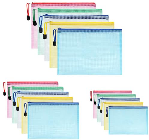 Vicloon Bolsa de Archivo de Cremallera,15 Pcs A3+A4+A5 Bolsa de Documentos Multicolor de Malla Bolsa de Archivo Bolsas de Cremallera de Almacenamiento para Cosméticos Suministros de Oficina Accesorios