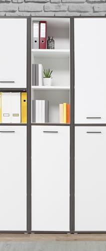 Forte KEFLAVIK Bücherregal 40 50, weißes Regal, Standregal, Büro, Home Office, Wohnzimmer, Jugendzimmer, Holzwerkstoff, Weiß/Uni Wolfram Grau, 44,8 cm breit x 226,4 cm hoch x 41,5 cm tief