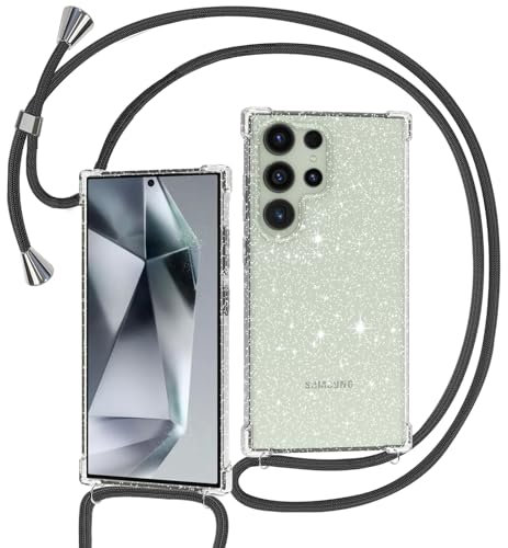 Tikgue Coque pour Samsung Galaxy S24 Ultra avec Cordon, Collier Coque Glitter Transparent Paillettes Etui TPU Bumper Silicone Case avec Chaîne Lanière Housse - Le Noir