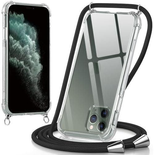 Oelrstfe handyband Hülle mit Band für iPhone 11 Pro, Handyband zum Umhängen Handy Umhängeband Transparent TPU Stoßfest Silikon Handyhülle mit Kette für iPhone 11 Pro, Schwarz