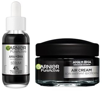 GARNIER - Routine anti-imperfections enrichie en Charbon et AHA + BHA - Sérum Anti-Points Noirs & Imperfections + Air Cream - Soin Matifiant Quotidien Peaux Mixtes à Grasses à Tendance Acnéique