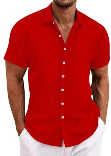 Chemise en lin pour homme - Manches courtes - Chemise en lin - Chemise de loisirs - Coupe droite - Chemise d'été avec col montant - Décontractée - Coupe droite - Chemise rayée, rouge, L