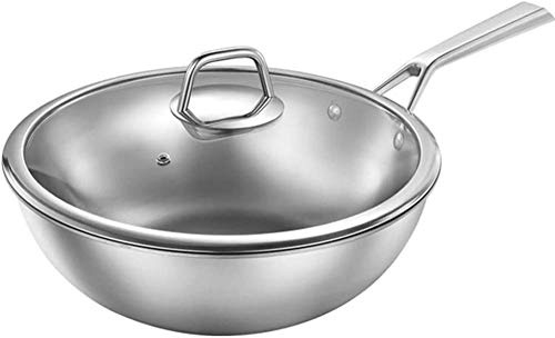 OQHAIR Wok und Pfannen, Wok aus reinem Titan – gesunder, unbeschichteter Wok mit flachem Boden/Verbundmaterial, effiziente Wärmeleitung, mit Deckel (Silber) – 32 cm (Golden, Silber 34 cm)