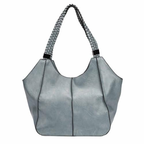 OBC Damen XXL Tasche Schultertasche Shopper Businesstasche Umhängetasche Workbag Henkeltasche Reisetasche FLECHTOPTIK Henkel Leder Optik Jeansblau