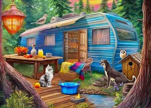 Puzzle 1000 Teile – Puzzle für Erwachsene und Kinder ab 14 Jahren – Wald-Wohnwagen-Camping