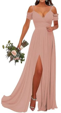WSEYU Robes de demoiselle d'honneur à épaules dénudées – Robe de soirée formelle en mousseline de soie froncée à longue fente, rose poudré, 44