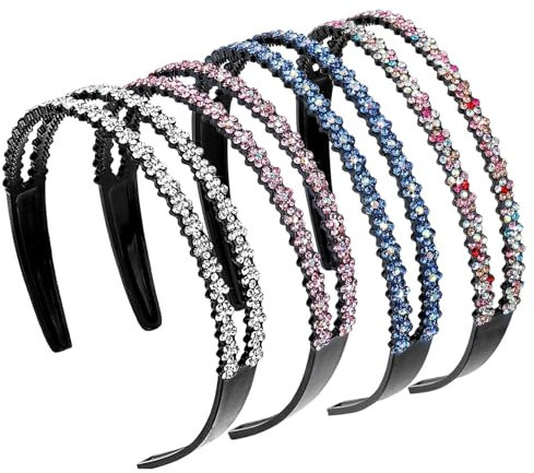 4 Lot de Bandeaux À Double Rangée Strass en Plastique, Antidérapants À Cristal pour Femmes et Filles, Accessoires de Cheveux - 4 Couleurs