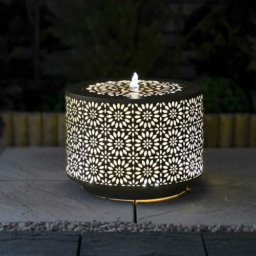 Serenity Outdoor Metal Garden Water Feature with LED Light 30cm Tall Moroccan Inspired Self-Contained in Gun Metal Grey Easy Setup 2m Power Lead Included