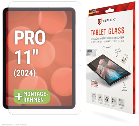 Displex Schutzfolie für iPad Pro 11'' (2025/2024) (9H), Made in Germany | DISPLEX Tablet Glass, unzerbrechlich, kratzfest, 9H Härte, ultra-dünn, kristallklar, mit Eco-Montagerahmen (recyclebar)