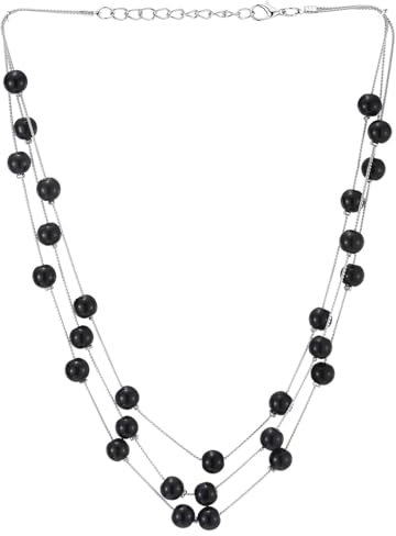 COOLSTEELANDBEYOND Silber Statement Halsketten Drei Stränge Lange Kette mit Synthetischen Schwarzen Onyx Wulst, Elegante, Abendkleid