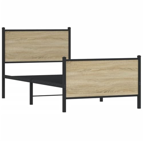 vidaXL Bettgestell, Metallbett Bett mit Kopfteil Fußteil, Bettrahmen mit Lattenrost, Einzelbett für Schlafzimmer, Metall Sonoma-Eiche 90x200cm