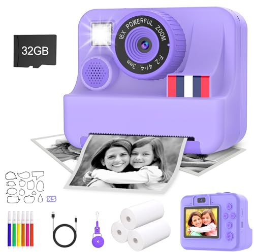 Macchina fotografica istantanea per bambini regali di compleanno di Natale per ragazze 3, 4, 5, 6, 7, 8, 9, 10 anni, display da 2,4 pollici, fotocamera istantanea per (Viola)