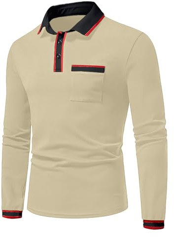 Mens Polo Shirts Casual Long Sleeve T-Shirt for Mens Contrast Color Patchwork Golf Shirts Tops with Pocket Khaki L