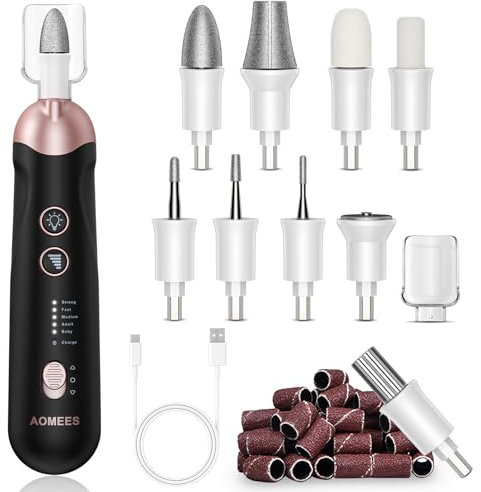 AOMEES Elektrische Nagelfräser Set, Maniküre Pediküre Set Fußpflege Elektrisch mit 9 Aufsätze zur Nagelpflege, mit 5 Geschwindigkeiten, LED Licht, Aufbewahrungstasche (Schwarz)