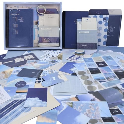 ROEOWENE 377pcs Journal Zubehör Scrapbooking Set DIY Scrapbook Junk Journaling Zubehör Notizbuch Vintage Tagebuch Sticker Scrapbook Geburtstag Geschenk Bastelset Teenager-Blaue Wolken