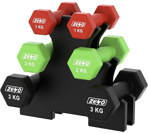 ZENO Dumbbells Set | Dumbbells Set Women | Sweat Resistant Weights for Women with Storage Stand | Vinyl Coated for Ultimate Grip | Weights for Pilates & Home Workouts | Includes 1KG, 2KG, 3KG | Bloss