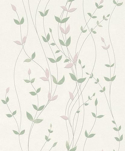 Rasch Tapete 416039 - Helle Vliestapete in Cremeweiß mit Struktur und kleinen Blätterranken in Beige und Grün - Kollektion: Deco Style