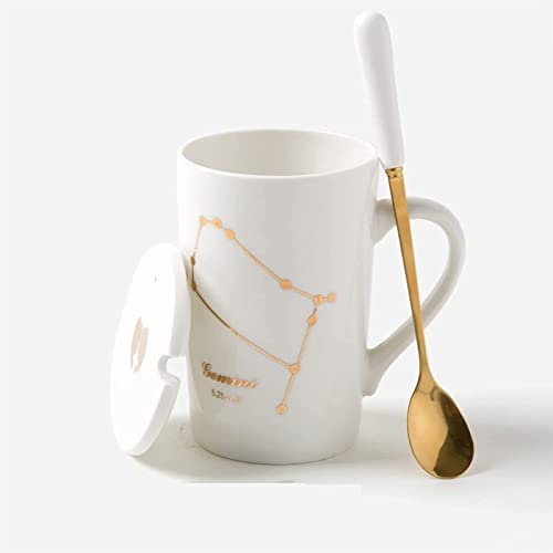 WDSOPK Keramik-Kaffeetasse Mit Deckel Und Löffel, Weiße Zwillings-Teetasse, Keramik-Kaffeetasse, Becher, Geschenk Für Büro Und Zuhause