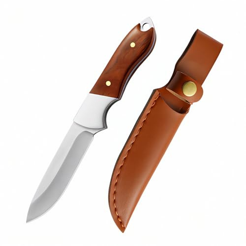 TIMKOSS Gürtelmesser Outdoor Camping Überlebensmesser Jagdmesser für Bushcraft Feststehende Klinge Full Tang Taschenmesser Scharfes Angeln mit Holster, Kleines EDC Messer Holzgriff (Rot F2)