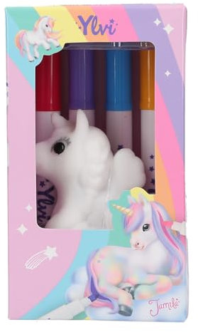 Depesche 12673 Ylvi - Colour Your Unicorn, Beflockte Einhornfigur zum Bemalen, abwaschbar und wiederverwendbar, inkl. 4 Fasermaler