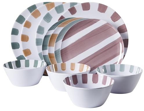 Gibson Home Cottage Stripes 12-Piece Melamine Plates and Bowls Dinnerware Set - Outdoor, Camping, & Everyday Use - Assorted Colors